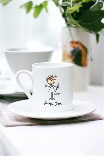 Hemşire Karikatürü Beyaz Türk Kahvesi Fincanı
