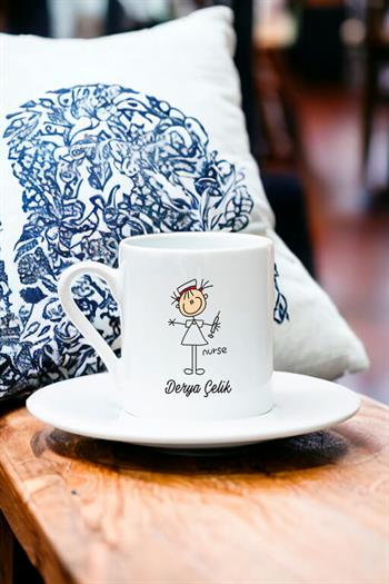 Hemşire Karikatürü Beyaz Türk Kahvesi Fincanı