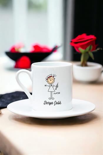Hemşire Karikatürü Beyaz Türk Kahvesi Fincanı