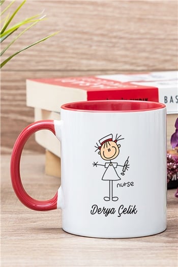 Hemşire Karikatürü İçi Renkli Kupa Bardak