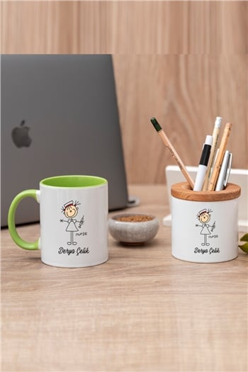 Hemşire Karikatürü Renkli Kupa Bardak ve Kalemlik