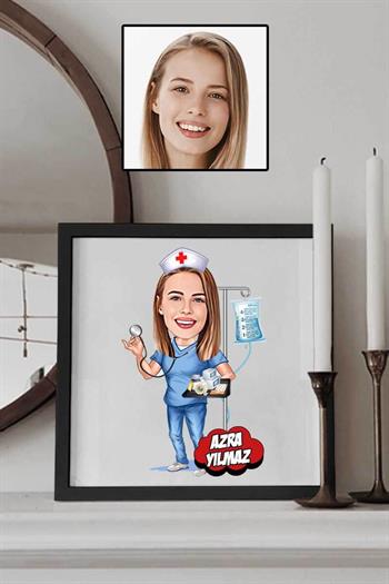 Hemşireye Teşekkür Hediyesi Karikatürlü Kare Çerçeve