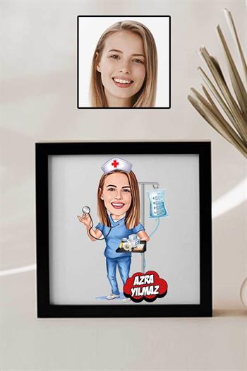 Hemşireye Teşekkür Hediyesi Karikatürlü Kare Çerçeve