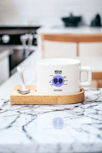 İkizler Burcu Kadına Hediye Ahşap Altlıklı Fincan