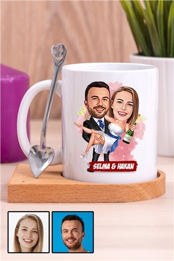 İlginç Sevgililer Günü Hediyesi Karikatürlü Ahşap Altlıklı Beyaz Kupa Bardak