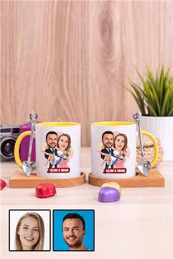 İlginç Sevgililer Günü Hediyesi Karikatürlü İkili Ahşap Altlıklı İçi Renkli Kupa Bardak