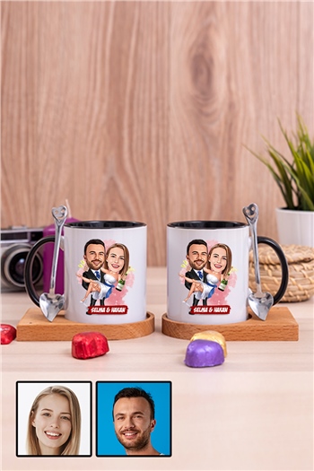 İlginç Sevgililer Günü Hediyesi Karikatürlü İkili Ahşap Altlıklı İçi Renkli Kupa Bardak