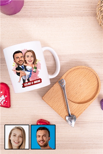 İlginç Sevgililer Günü Hediyesi Karikatürlü Ahşap Altlıklı Beyaz Kupa Bardak