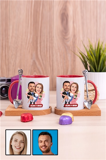 İlginç Sevgililer Günü Hediyesi Karikatürlü İkili Ahşap Altlıklı İçi Renkli Kupa Bardak