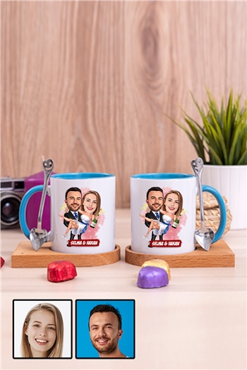 İlginç Sevgililer Günü Hediyesi Karikatürlü İkili Ahşap Altlıklı İçi Renkli Kupa Bardak