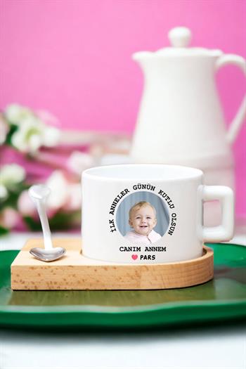 İlk Anneler Günü Hediyesi Fotoğraflı Ahşap Altlıklı Fincan