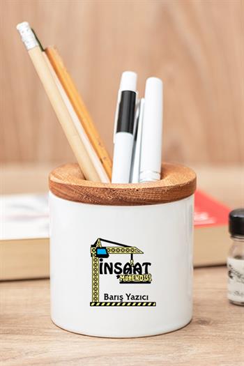 İnşaat Mühendisine Hediye Seti Ahşap Altlıklı Fincan ve Kalemlik