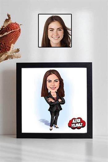 İş Kadınına Hediye Karikatürlü Kare Çerçeve