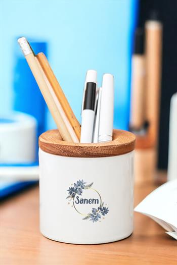 İsme Özel Çiçek Desenli Ahşap Kapaklı Kalemlik