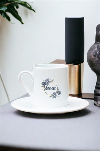 İsme Özel Çiçek Desenli Beyaz Türk Kahvesi Fincanı