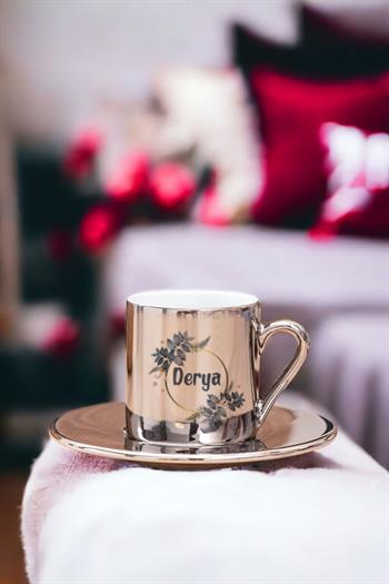 İsme Özel Çiçek Desenli Gold - Silver Türk Kahvesi Fincanı