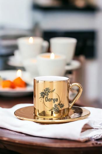 İsme Özel Çiçek Desenli Gold - Silver Türk Kahvesi Fincanı