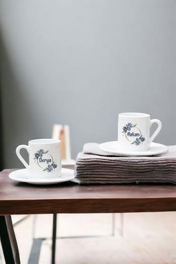 İsme Özel Çiçek Desenli İkili Beyaz Türk Kahvesi Fincanı