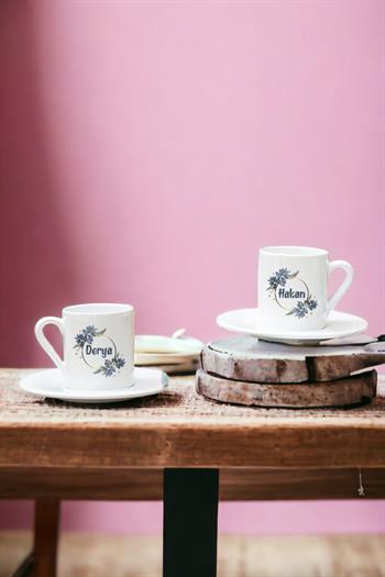 İsme Özel Çiçek Desenli İkili Beyaz Türk Kahvesi Fincanı