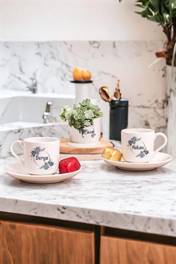 İsme Özel Çiçek Desenli İkili Porselen Türk Kahvesi Fincanı
