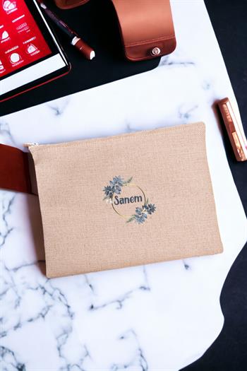 İsme Özel Çiçek Desenli Keten Bez El Çantası