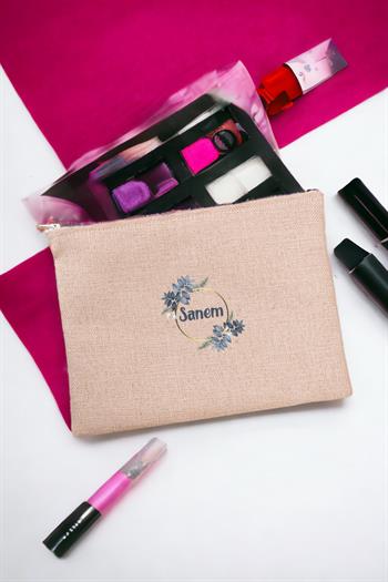 İsme Özel Çiçek Desenli Keten Bez El Çantası