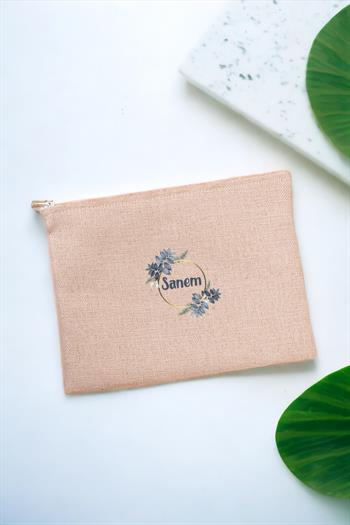 İsme Özel Çiçek Desenli Keten Bez El Çantası