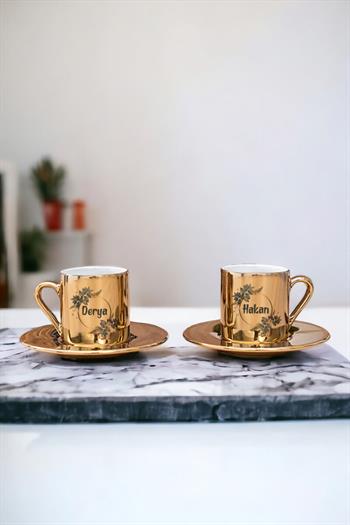 İsme Özel Çiçek Desenli Porselen İkili Gold - Silver Türk Kahvesi Fincanı