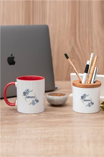 İsme Özel Çiçek Desenli Renkli Kupa Bardak ve Kalemlik