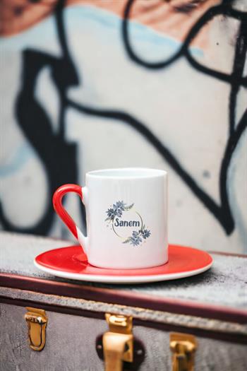 İsme Özel Çiçek Desenli Renkli Türk Kahvesi Fincanı