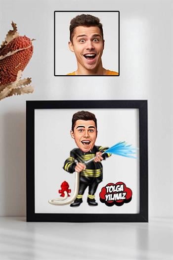 İtfaiyeci Sevgiliye Hediye Karikatürlü Kare Çerçeve