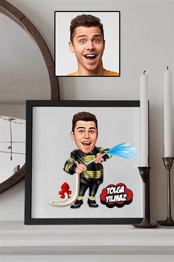 İtfaiyeci Sevgiliye Hediye Karikatürlü Kare Çerçeve