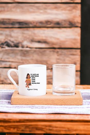 İyi Dostlar Biriktirdim Ahşap Sunumlu Türk Kahvesi Fincanı