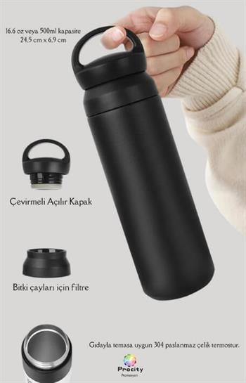 Japon Tarzı 500ml Tutacaklı ve Süzgeçli Siyah Promosyon Çelik Termos 4153-EMR