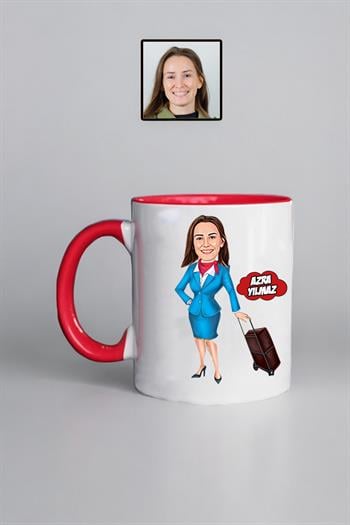 Kabin Memuruna Hediye Kişiye Özel Hostes Karikatürlü Kupa Bardak