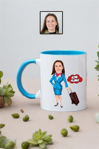 Kabin Memuruna Hediye Kişiye Özel Hostes Karikatürlü Kupa Bardak