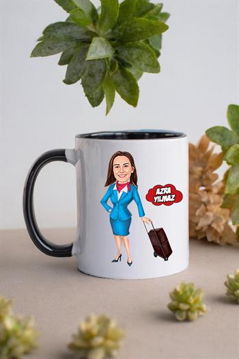 Kabin Memuruna Hediye Kişiye Özel Hostes Karikatürlü Kupa Bardak