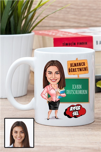 Kadın Almanca Öğretmenine Hediye Karikatürlü Beyaz Kupa Bardak