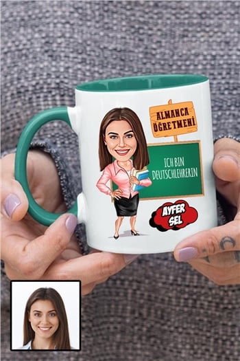 Kadın Almanca Öğretmenine Özel Hediye Karikatürlü İçi Renkli Kupa Bardak