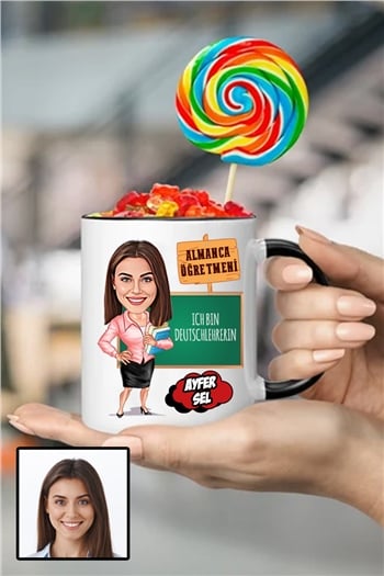 Kadın Almanca Öğretmenine Özel Hediye Karikatürlü İçi Renkli Kupa Bardak