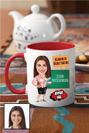 Kadın Almanca Öğretmenine Özel Hediye Karikatürlü İçi Renkli Kupa Bardak