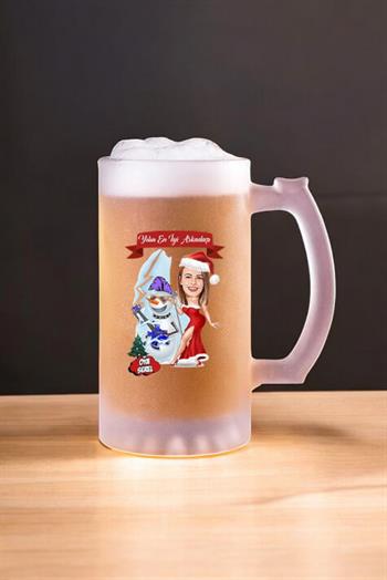 Kadın Arkadaşa Yılbaşı Hediyesi Karikatürlü Bira Bardağı