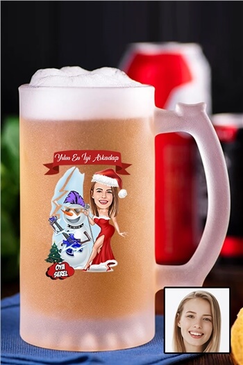 Kadın Arkadaşa Yılbaşı Hediyesi Karikatürlü Bira Bardağı