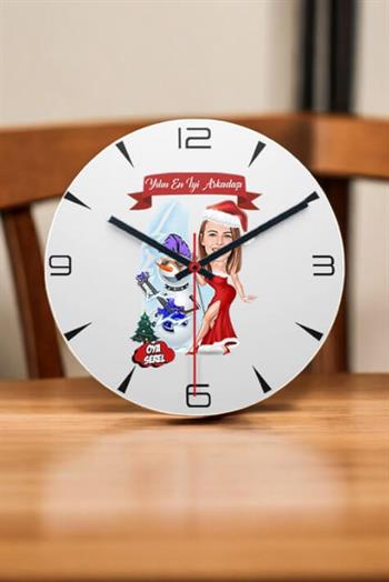 Kadın Arkadaşa Yılbaşı Hediyesi Karikatürlü Ahşap Duvar Saati