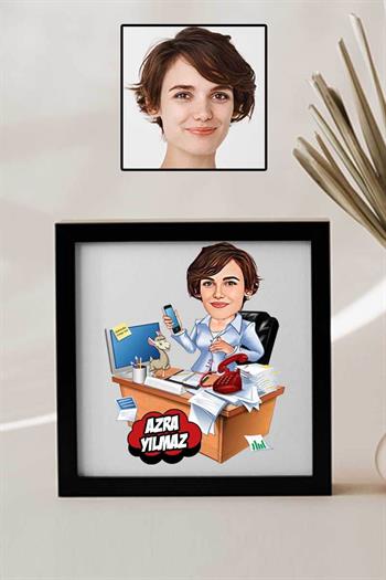 Kadın Bankacıya Hediye Karikatürlü Kare Çerçeve