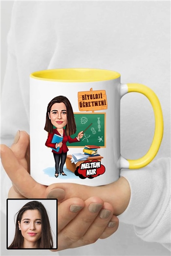 Kadın Biyoloji Öğretmenine Özel Hediye Karikatürlü İçi Renkli Kupa Bardak