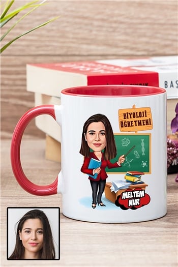 Kadın Biyoloji Öğretmenine Özel Hediye Karikatürlü İçi Renkli Kupa Bardak