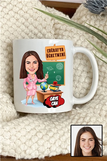 Kadın Coğrafya Öğretmenine Hediye Karikatürlü Beyaz Kupa Bardak
