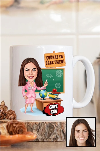 Kadın Coğrafya Öğretmenine Hediye Karikatürlü Beyaz Kupa Bardak