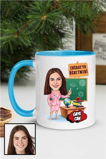 Kadın Coğrafya Öğretmenine Özel Hediye Karikatürlü İçi Renkli Kupa Bardak